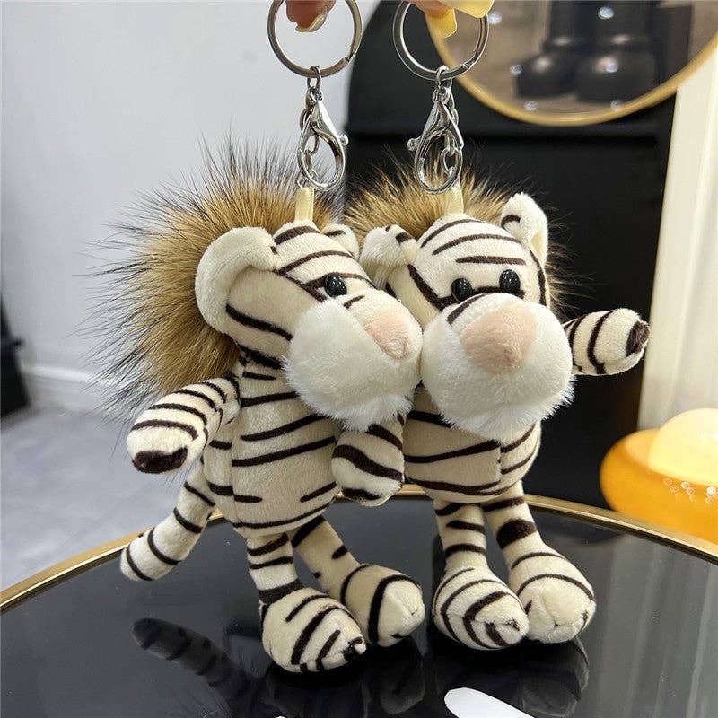FurDecoration - Venta al por mayor Llavero - Mujer - Lindo llavero con forma de muñeco de tigre con piel de mapache, colgante en forma de llavero de coche5