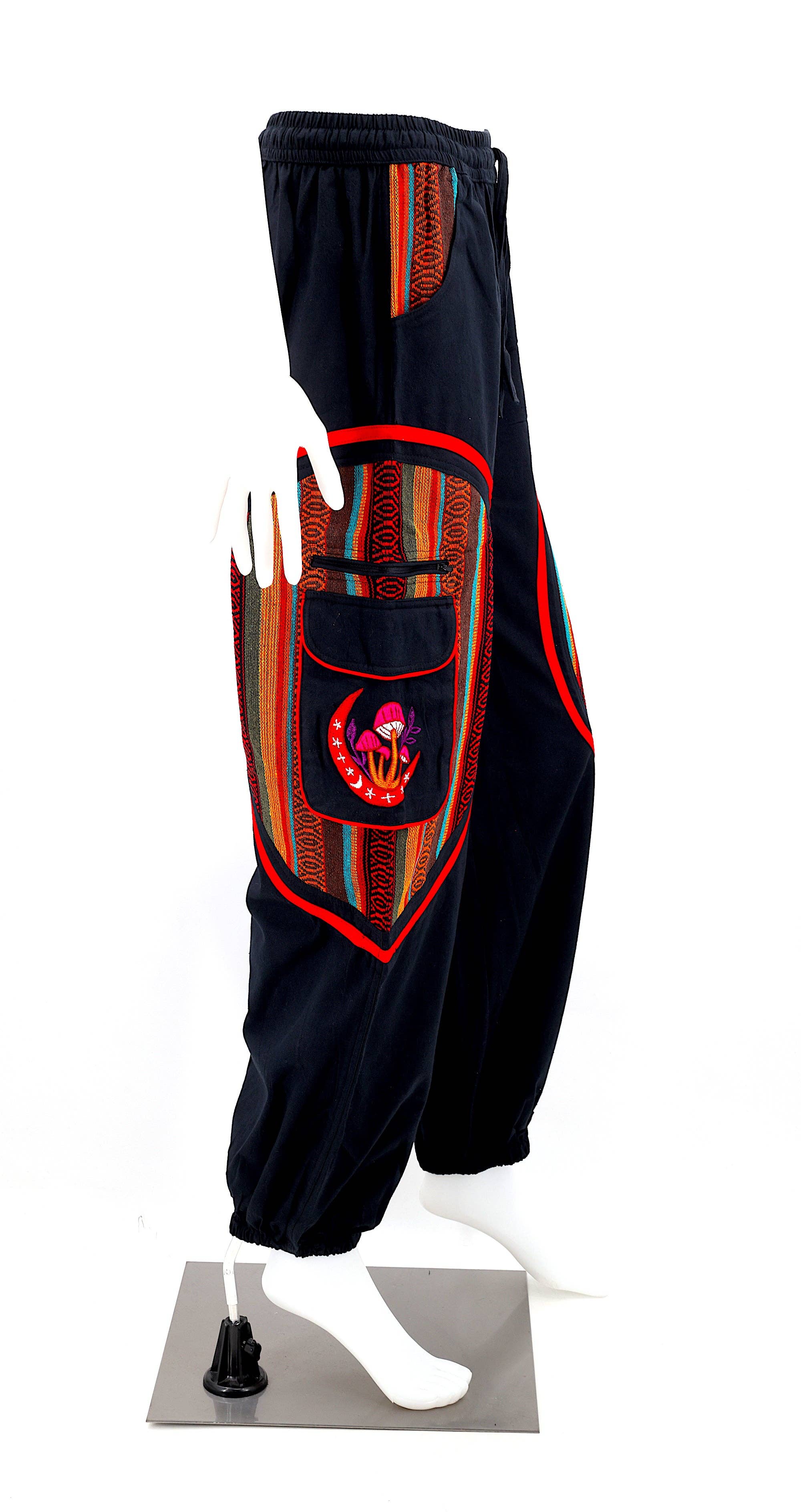 Himalaya Handmade - Venta al por mayor Pantalones - Mujer - Pantalones bohemios hechos a mano de algodón con bordado de luna y hongos estilo harem36