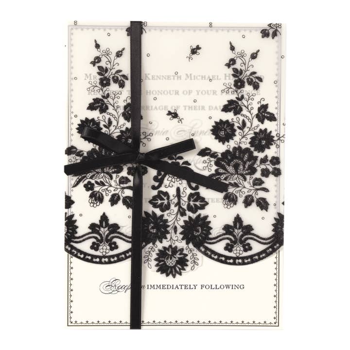 Black Lace Petticoat Vellum Invitation for wholesale by Anna Griffin Inc