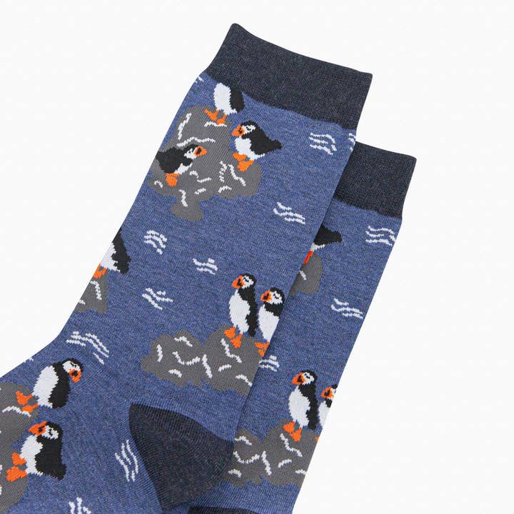 Sock Talk - Wholesale Socks - Men's - Men's Bamboo Socks - Denim Blue, Puffins On Rocks