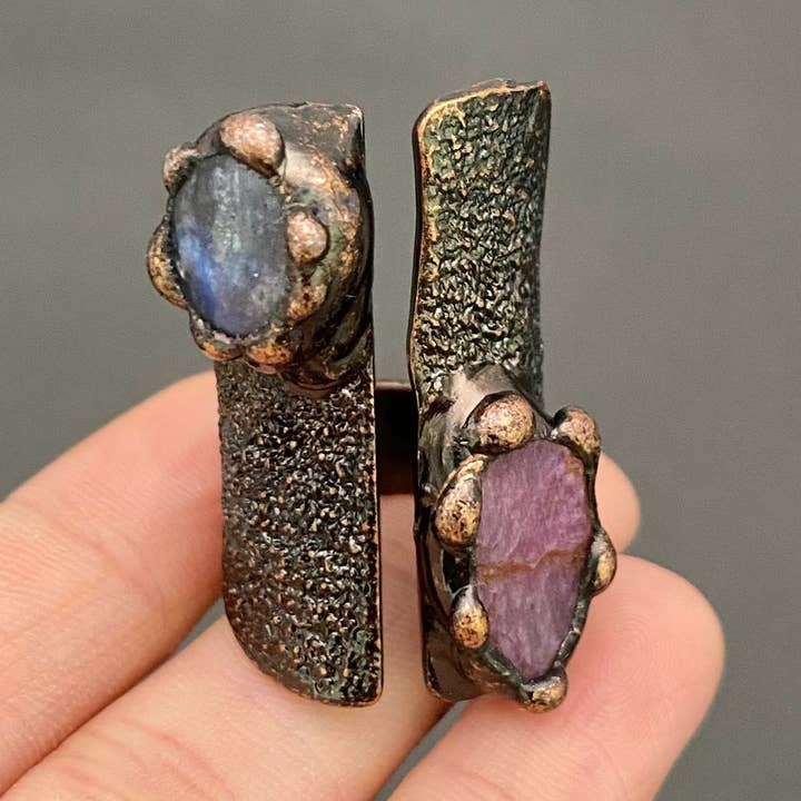 Mio Queena - Wholesale Multi-Stone Ring - Vintage Anemousite & Rhodonite Crystal Adjustable Ring - CS0