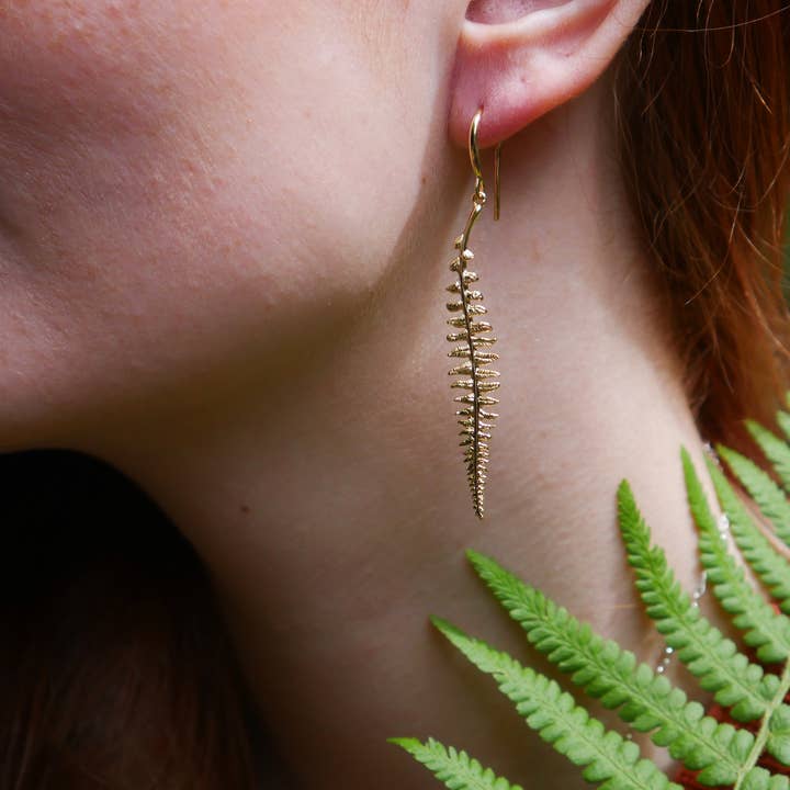 Scottish fern drop earrings in sterling silver gold vermeil for wholesale by In The Heather