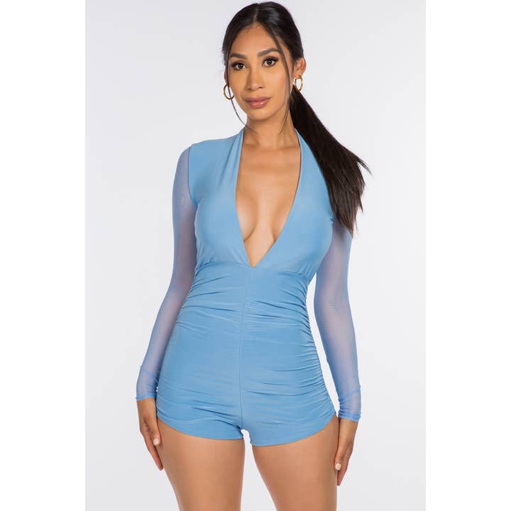J4947 Ryggad Mesh Kontrast Rynkad Romper för wholesale av Uptown Apparel