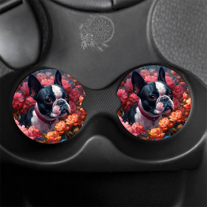 Pink Floral Boston Terrier -Dog Canine - Bilunderlag for engroshandel hos Dark Horse Dream Designs LLC