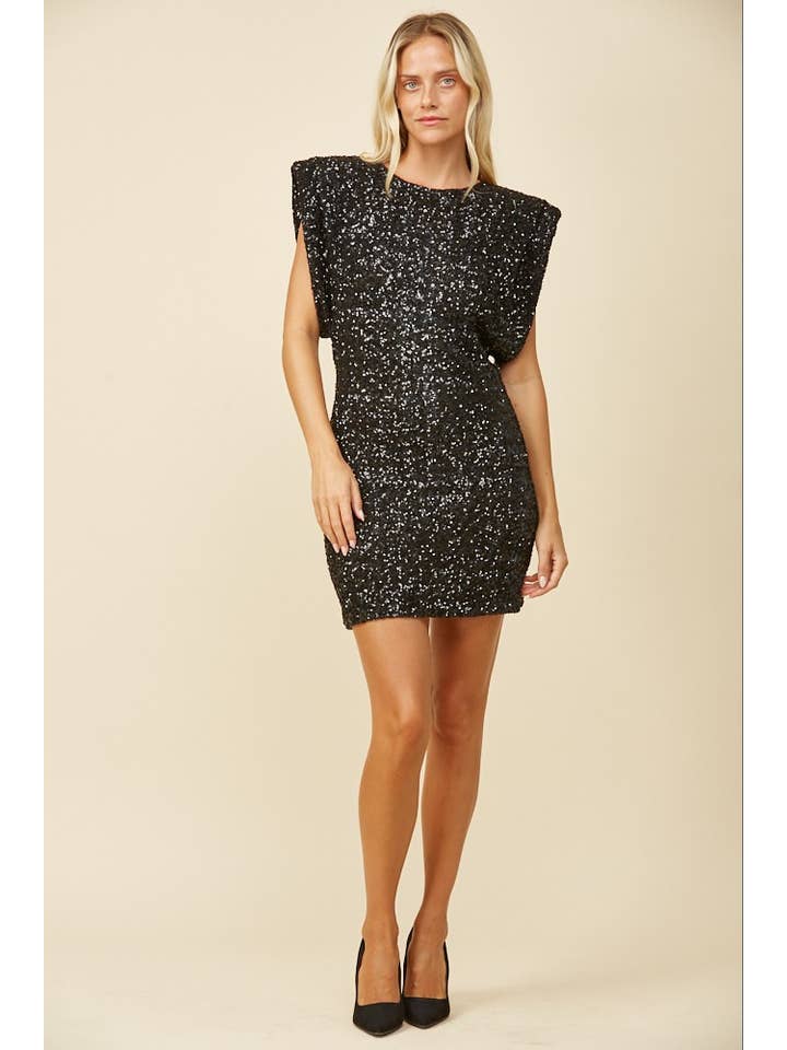 WISTERIA LANE – Großhandel Kleid – Damen – MINIKLEID MIT PAILLETTEN UND SCHULTERPOLSTERN 3147DIA SCHWARZ