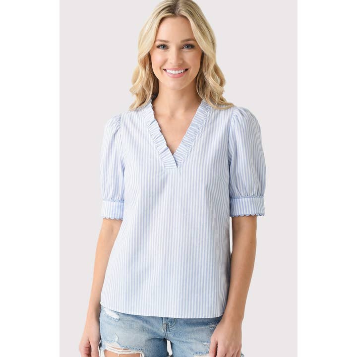 FRILLED V NECK STRIPE TOP for wholesale by STACCATO