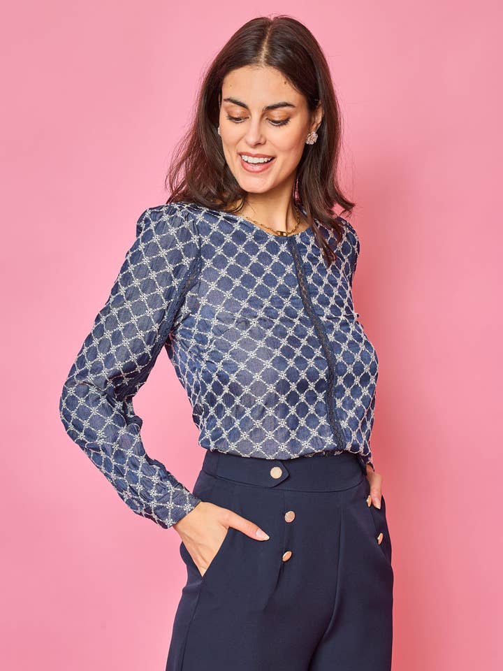 Embroidered blouse, long sleeves, round neck WEDLIA for wholesale by LOVIE & CO