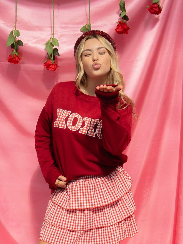 XOXO on Light Weight Sweatshirt, Maroon for wholesale by GRACE+EMMA by Southern Grace