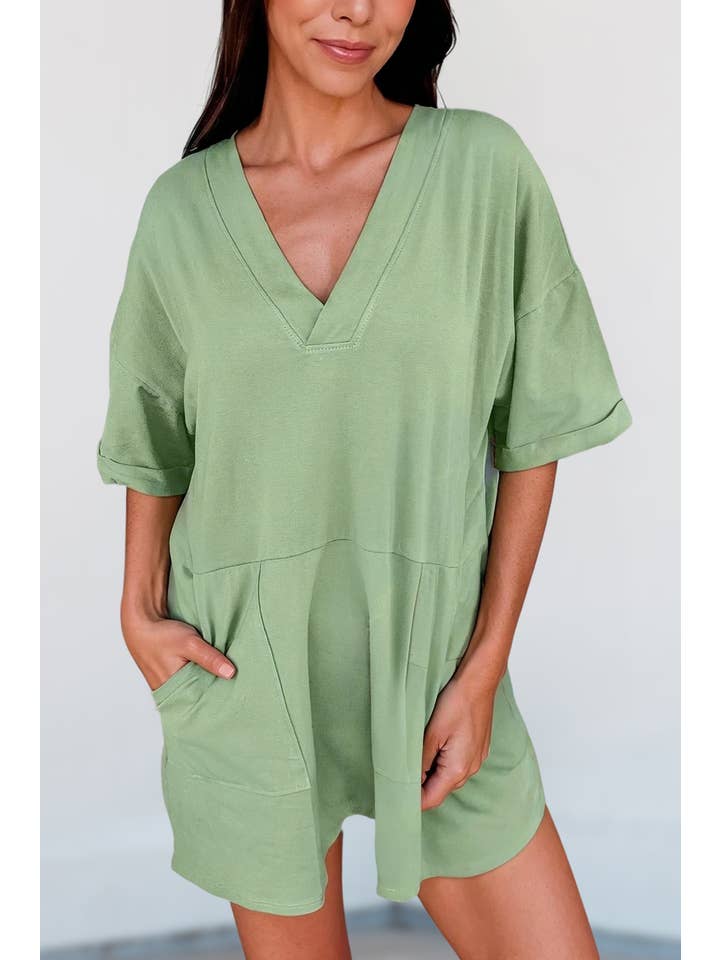 Aapparella - Wholesale Romper - Women's - Solid Half Sleeve V Neck Knit Casual Romper | S-XL