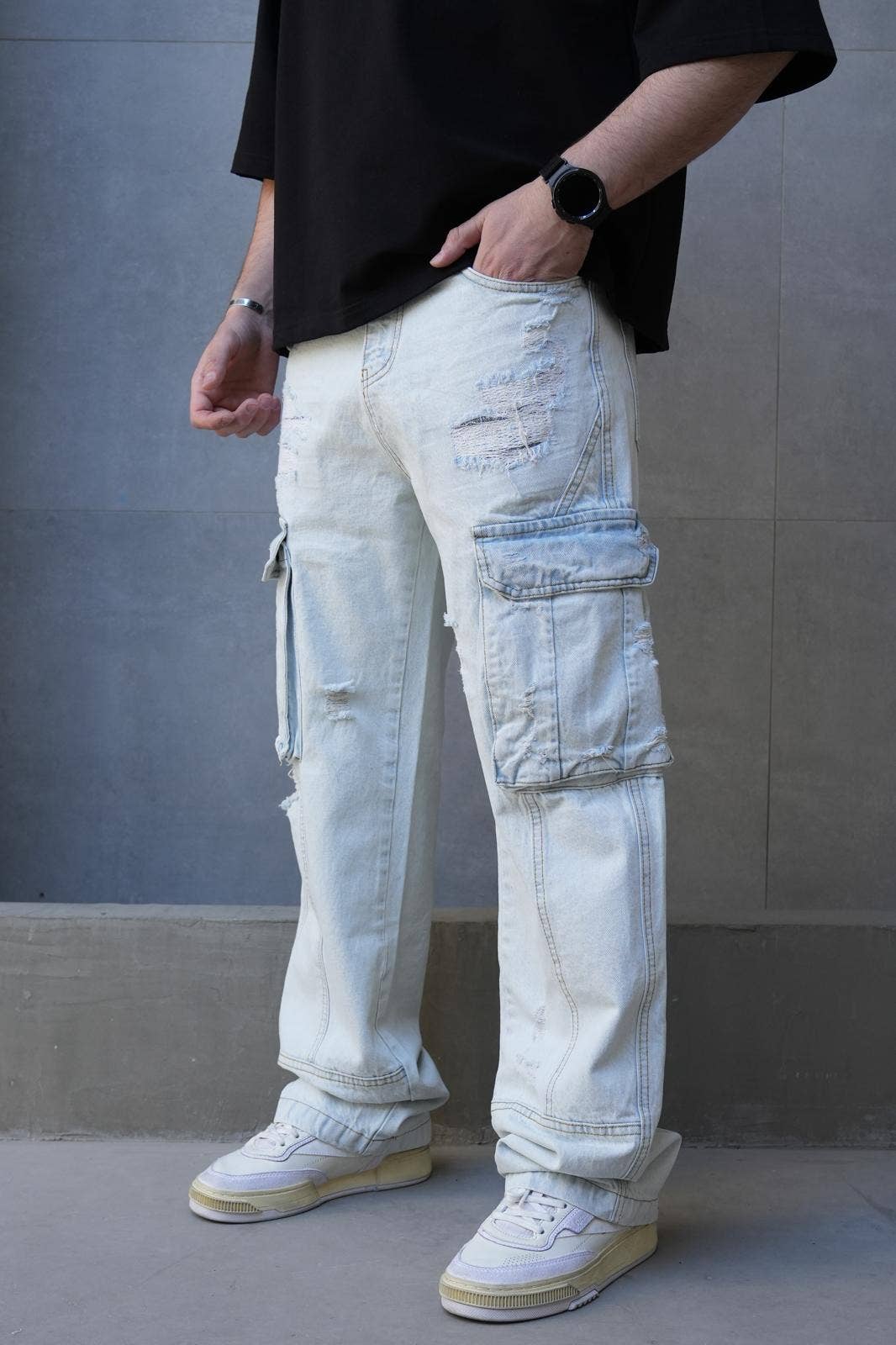 Pantalones Cargo de Mezclilla Azul Claro Rotos 3283 al por mayor