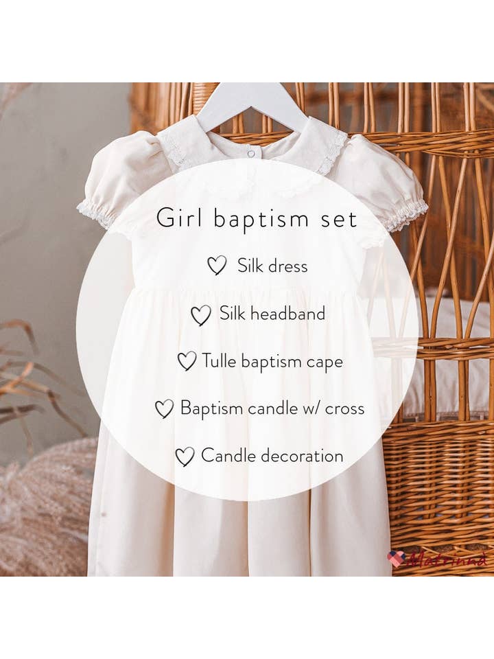 Matrinna - Wholesale Dress Set - Baby - Girl's Baptism Silk Dress, Tulle Cape, Headband & Candle1