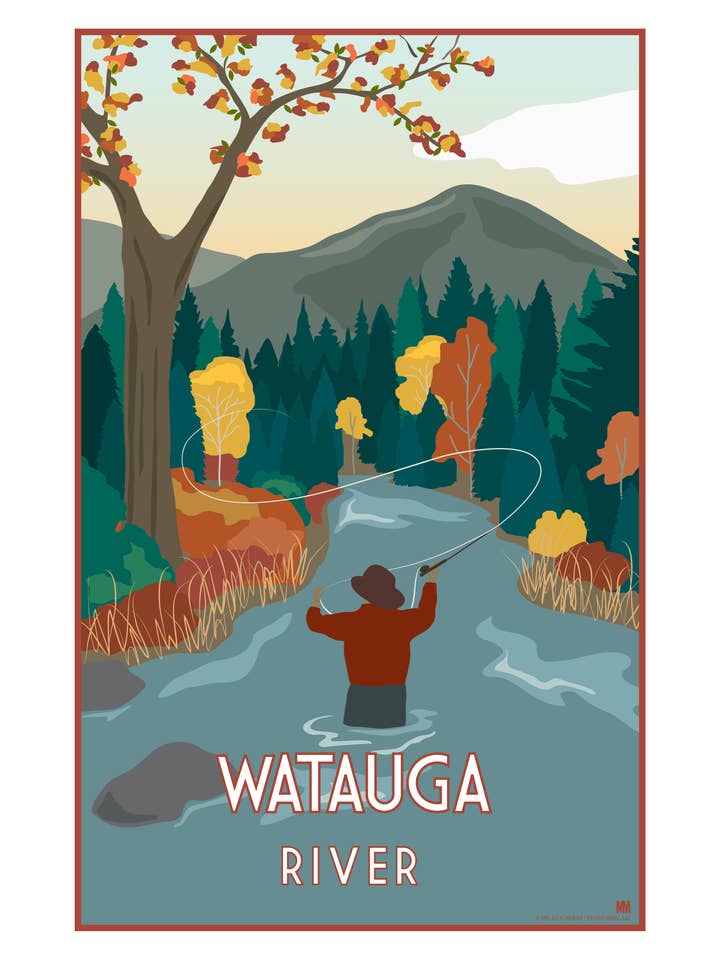 Pêcheur sur la rivière Watauga Impression de voyage nature 11 x 17 pour la vente par Shell Creek Sellers