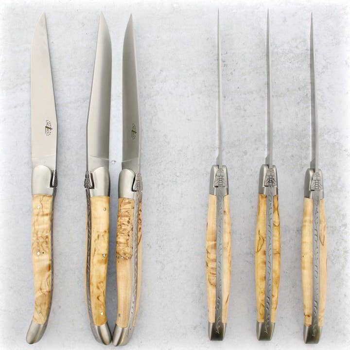 Forge de Laguiole Karelian Birch Steak Knives - Brushed for wholesale by Laguiole Imports