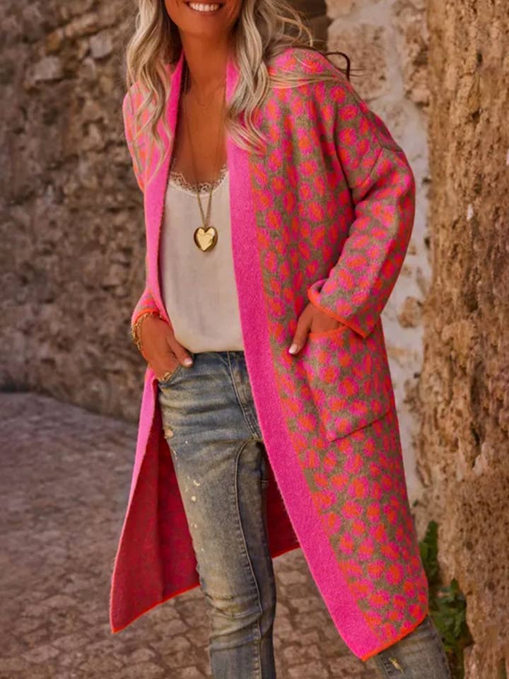 Winter pocket open-front leopard print long knit cardigan for wholesale by Rosa Clothing