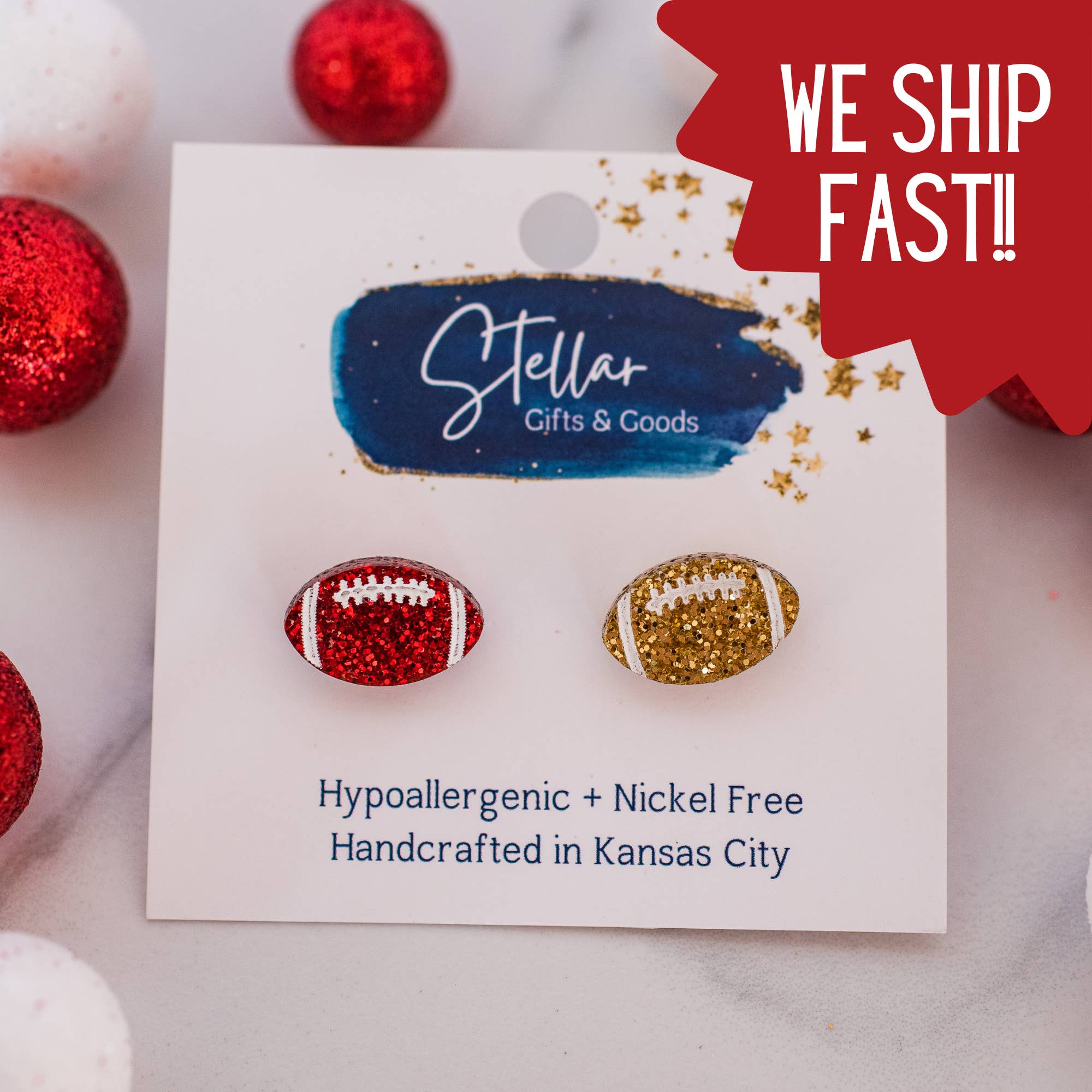 Stellar Gifts & Goods Wholesale - Wholesale Stud/Post Earrings - KC Football - Glitter Hand Painted Football Studs Red & Gold