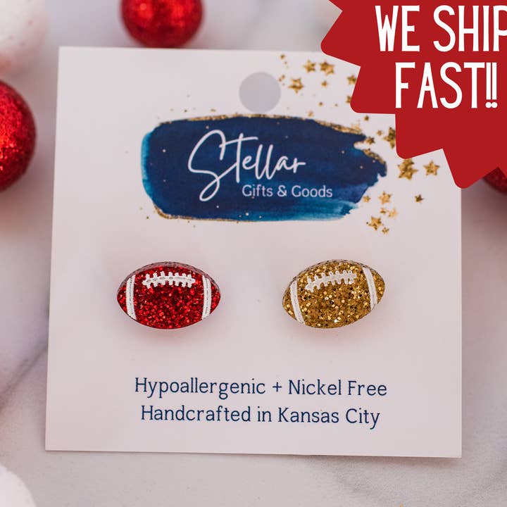 KC Football - Glitter Hand Painted Football Studs Red & Gold for wholesale by Stellar Gifts & Goods Wholesale
