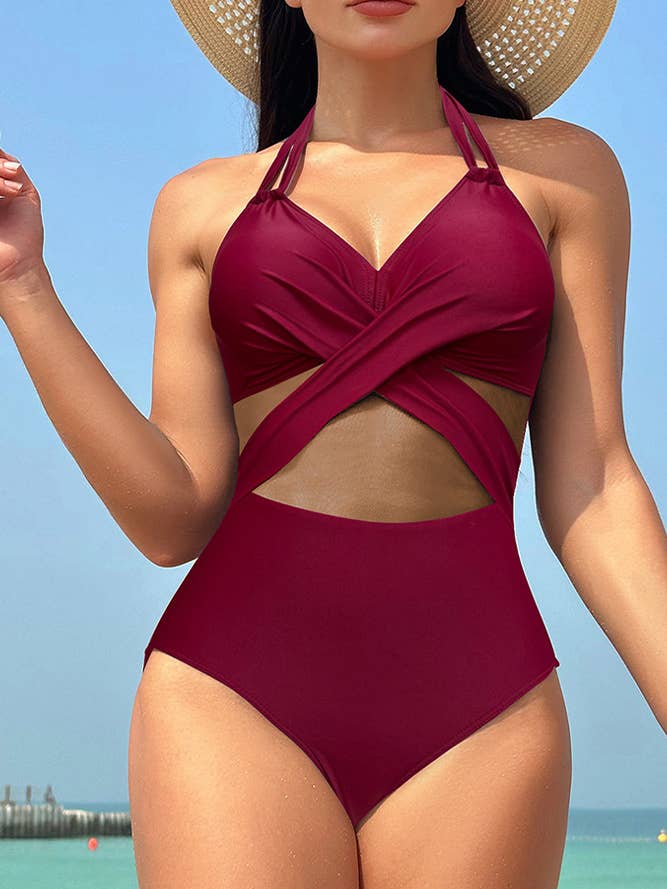 Effen gekleurde badkleding uit één stuk met halterhals ZK1091 voor wholesale door UNISHE