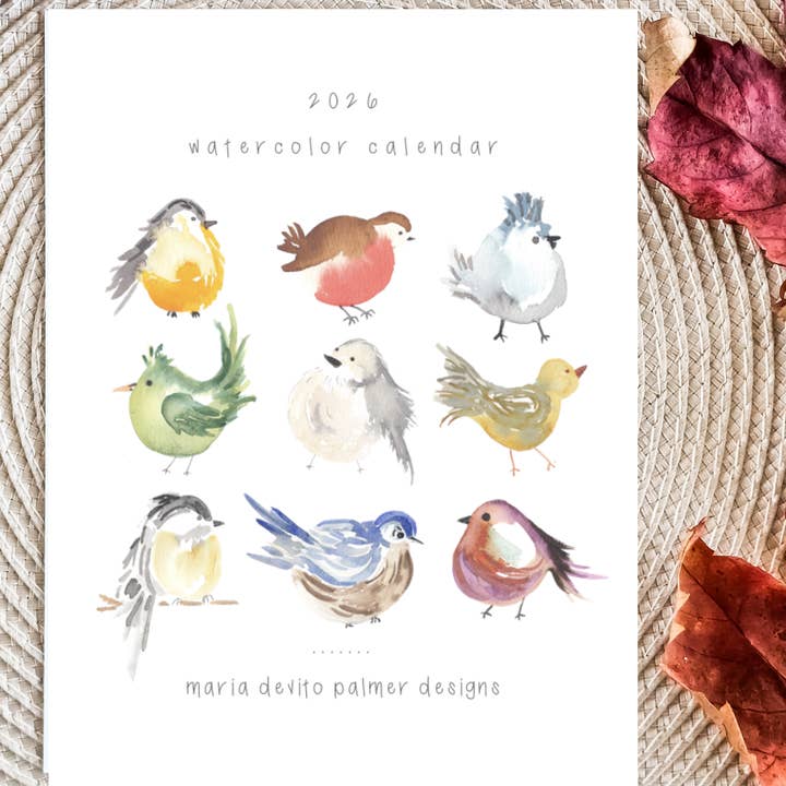 2026 Watercolor Calendar | For the Birds with Easel for wholesale by Maria DeVito Palmer Designs LLC