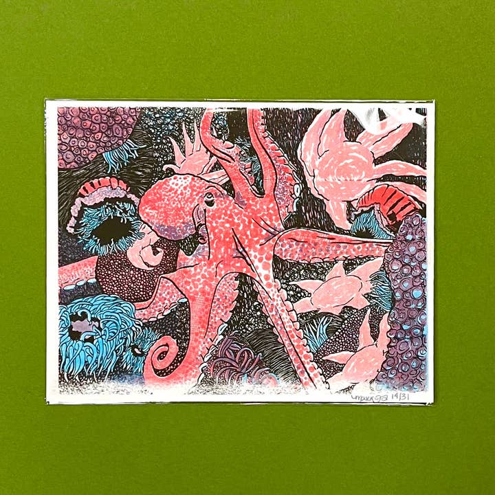 Tiny Red Octopus Risograph Print by Maxx Follis-Goodkind for wholesale by Push/Pull Press