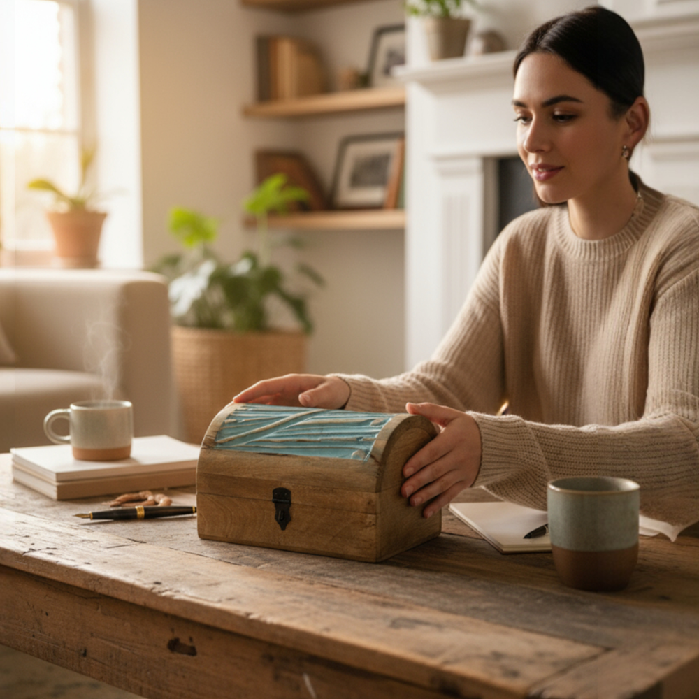 Wilco Home – Großhandel Dekoschachteln – Spring Decor Tischtruhe aus geschnitztem Holz mit Scharnier „Sea Breeze“2