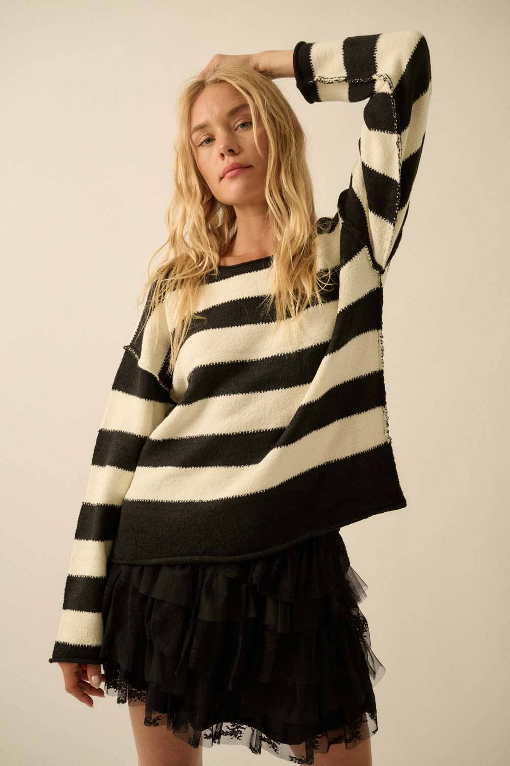 Promesa USA - Wholesale Knit Sweater - Women's - Textured Striped Knit Rolled-Edge Sweater8
