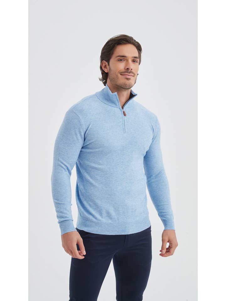 Yves Enzo - Wholesale Knit Sweater - Men's - High zip jumper"cashmere touch" sky blue