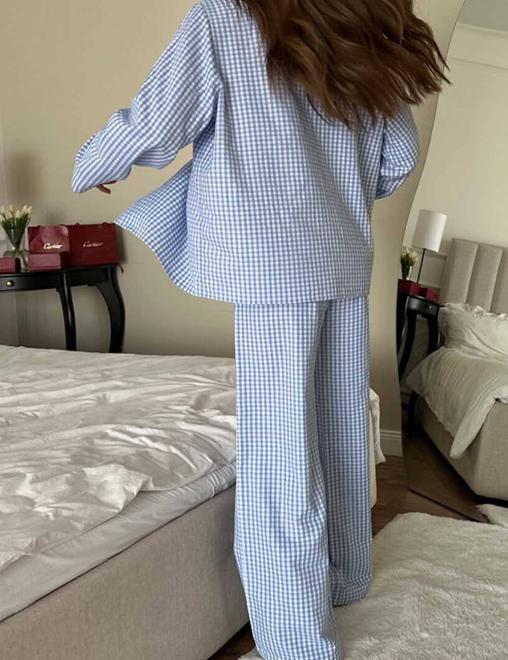 Dipped Shop - Vendita all'ingrosso Completo pigiama - Donna - Set Pigiama a Maniche Lunghe con Contrasto di Colore a Quadri DP25F88110