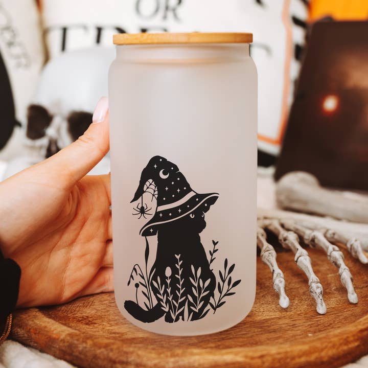 Halloween Floral Black Cat Glass Cup 16oz for wholesale by Breeco