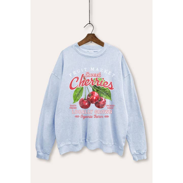 SWEET CHERRIES FRUIT GRAPHIC MINERAL WASH SWEATSHIRT for wholesale by VINTAGE POINT USA