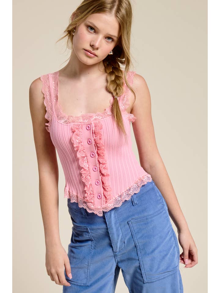 Mimosa - Wholesale Tank Top - Women's - Scalloped Lace Trim Corset-Bodice Knit Tank Top7