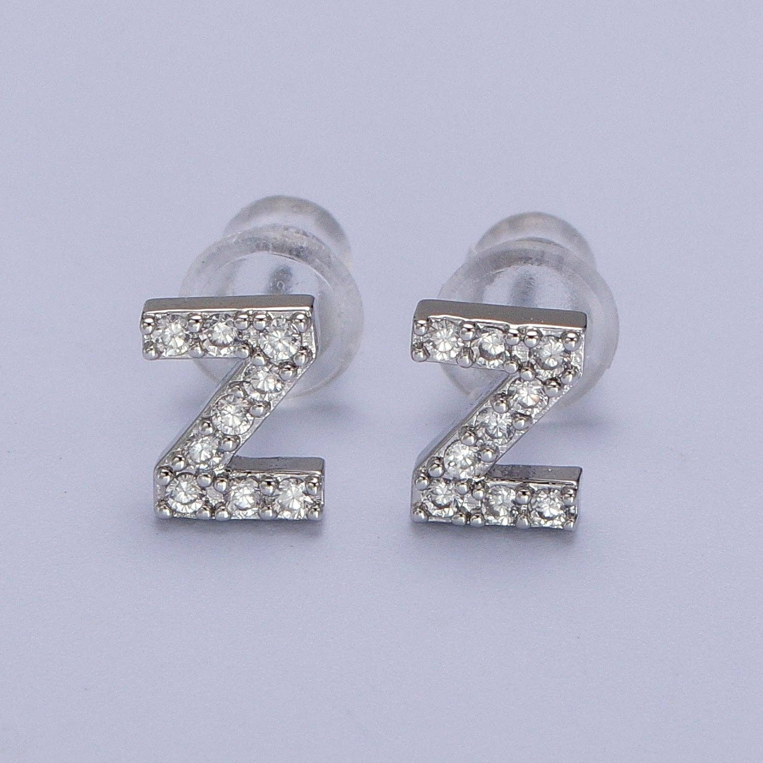 Aim Eternal - Wholesale Stud/Post Earrings - White Gold Filled Tiny Initial Letter Diamond CZ Silver Stud25