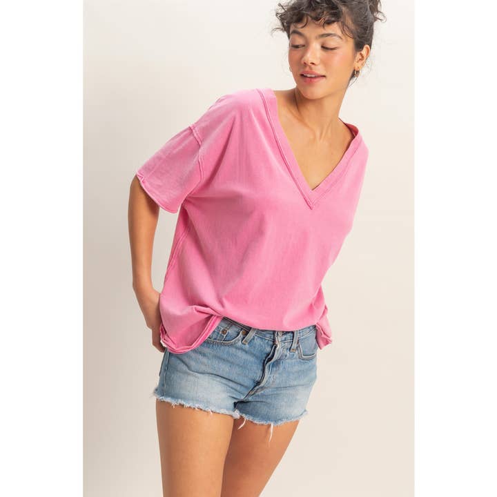 Washed V-Neck Oversized Tee for wholesale by Double Zero