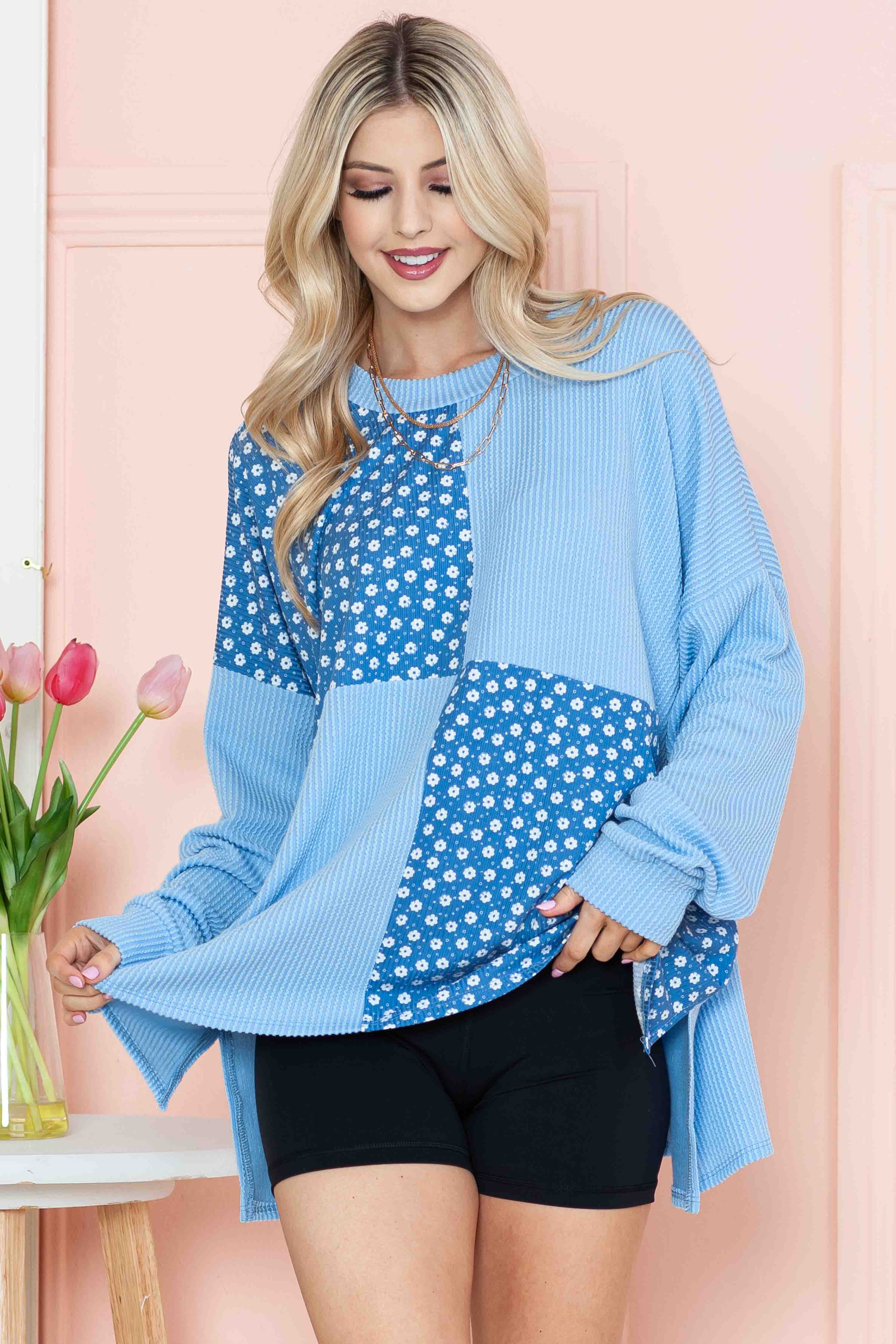 Burgundy Apparel - Wholesale Tunic - Women's - OVERSIZED TUNIC WITH DITSY FLORAL PRINT PATCHES