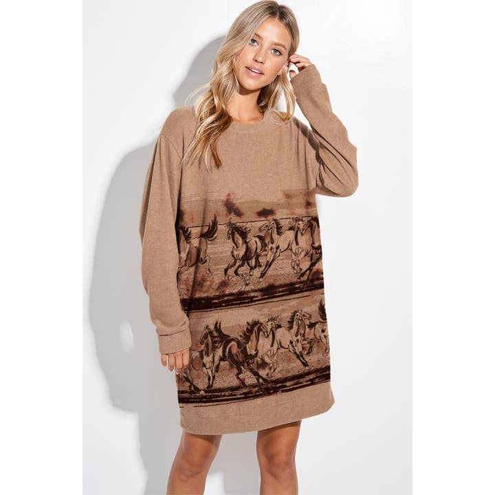 Western horse print long sleeve tunic dress for wholesale by Phil Love