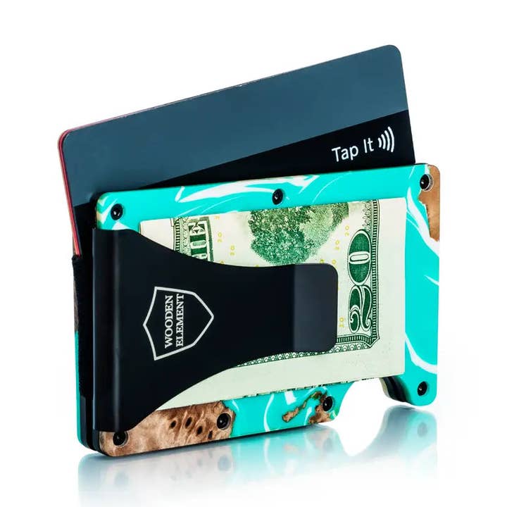 Wood & Resin Smart Wallet - Turquoise & White for wholesale by Wooden Element UK