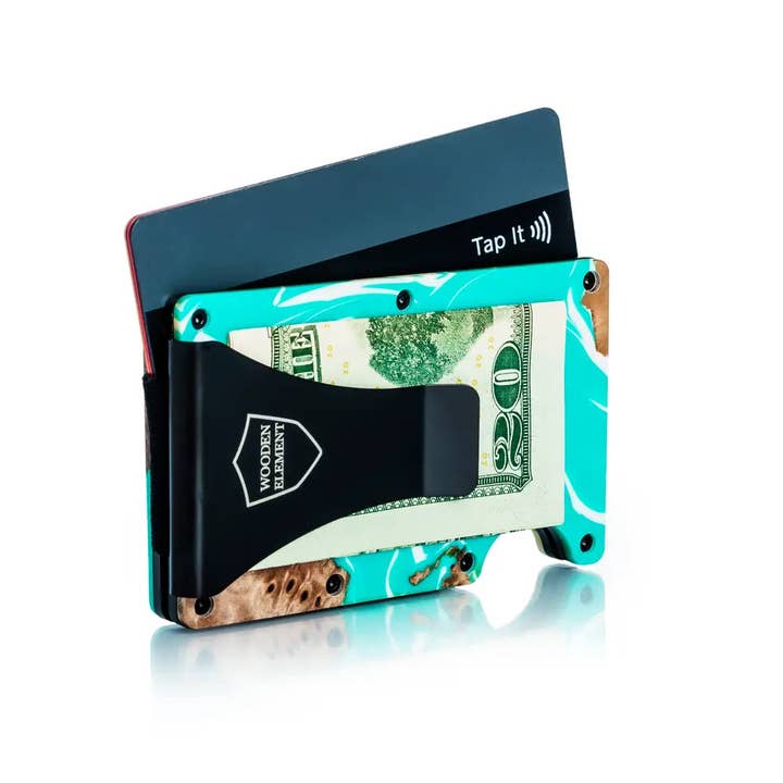 Wood & Resin Smart Wallet - Turquoise & White for wholesale by Wooden Element UK