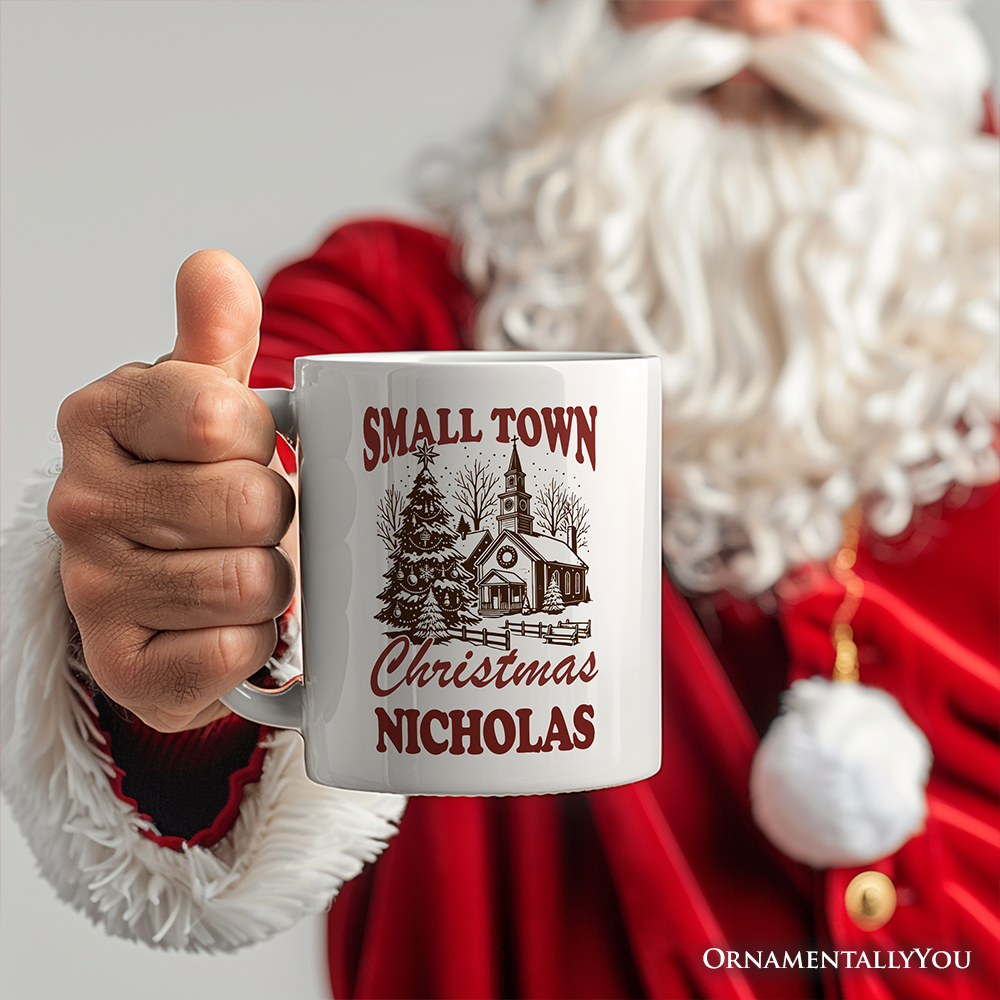 Blanco Taza de Regalo Vintage de Navidad de Pueblo Pequeño, Iglesia Rústica de Invierno de venta al por mayor en Faire4