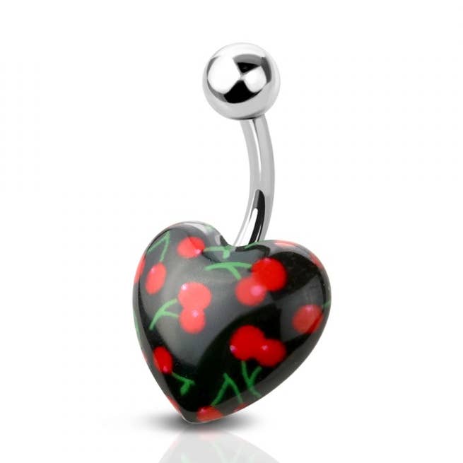 ACRYLIC BLACK CHERRY HEART 316L SS BAR BELLY RING for wholesale on Faire