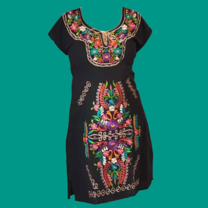 Mexican embroidered dresses | Kimono Traditional Mexican dresses | Authentic Mexican Dress | Floral Embroidered Dress Mexican Traditional Dress. Handmade Mexican Dress Mexican Bridesmaid Dress Artisanal Mexican attire, Ethnic Mexican dresses - Black for wholesale by Puerta21