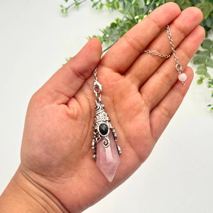 Meraki Gemstones - Wholesale Pendulum Board - Rose Quartz 12 Faceted Antique Silver Detailing Pendulum0