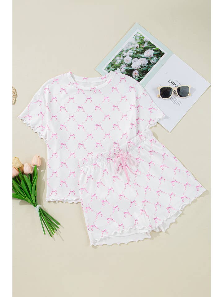 LA Society - Wholesale Lounge Set - Women's - Bow Knot Geometric Print Lettuce Trim Two Piece Lounge Set