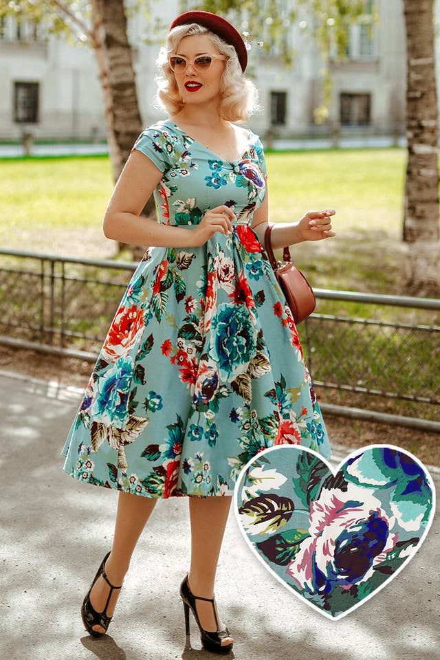 Dolly & Dotty - Wholesale Dress - Women's - Step Back in Time: Gorgeous 50s Floral Swing Dress in Blue