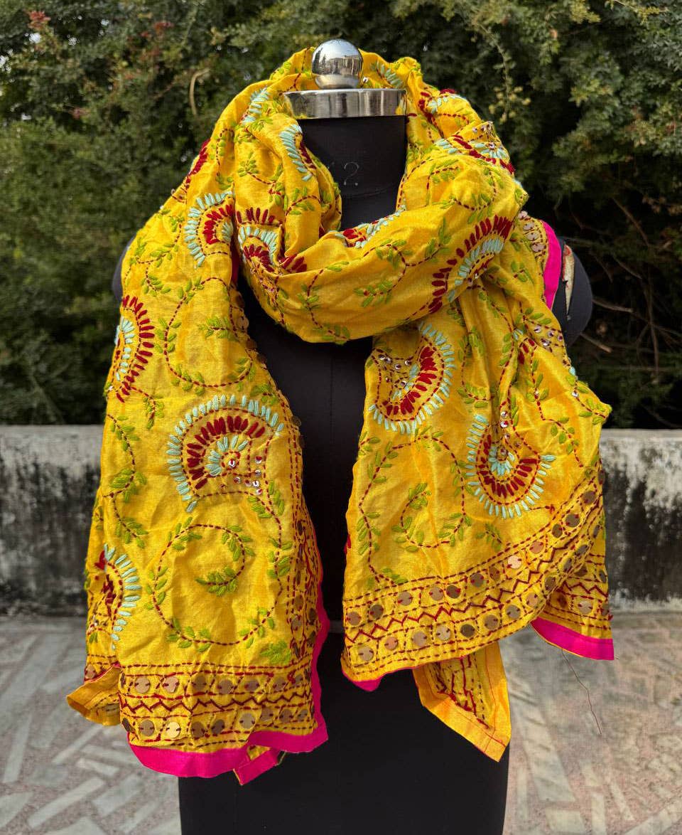 bhavnas boutique - Wholesale Wrap - Women's - Yellow Cotton Scarf Embroidery Thread Work Phulkari Dupatta0