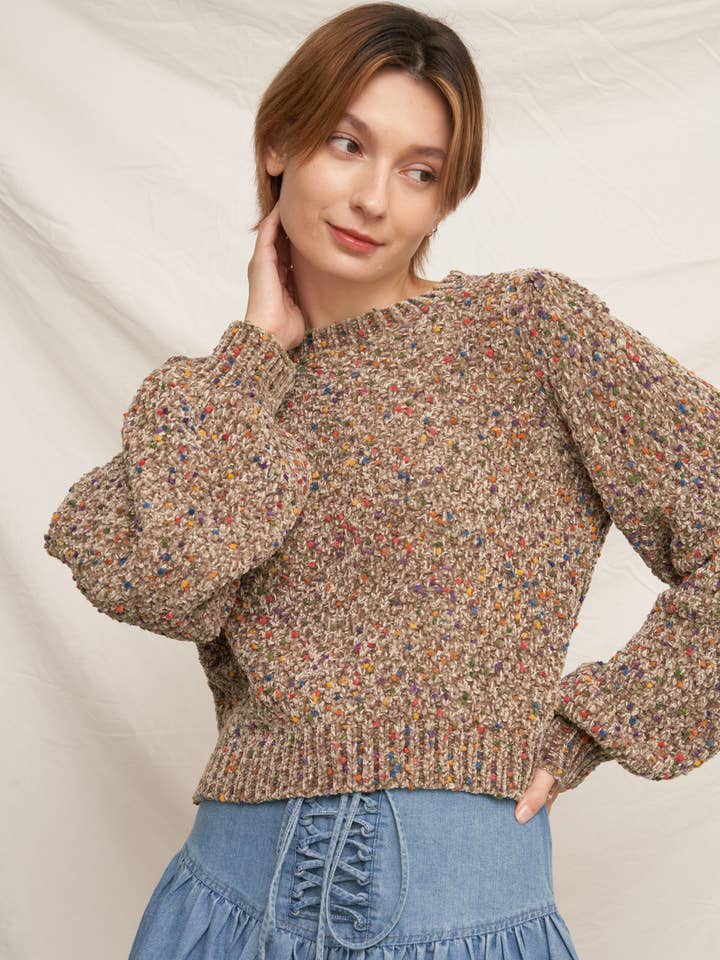 Puffed Sleeve Cropped Confetti Sweater for wholesale by En Crème