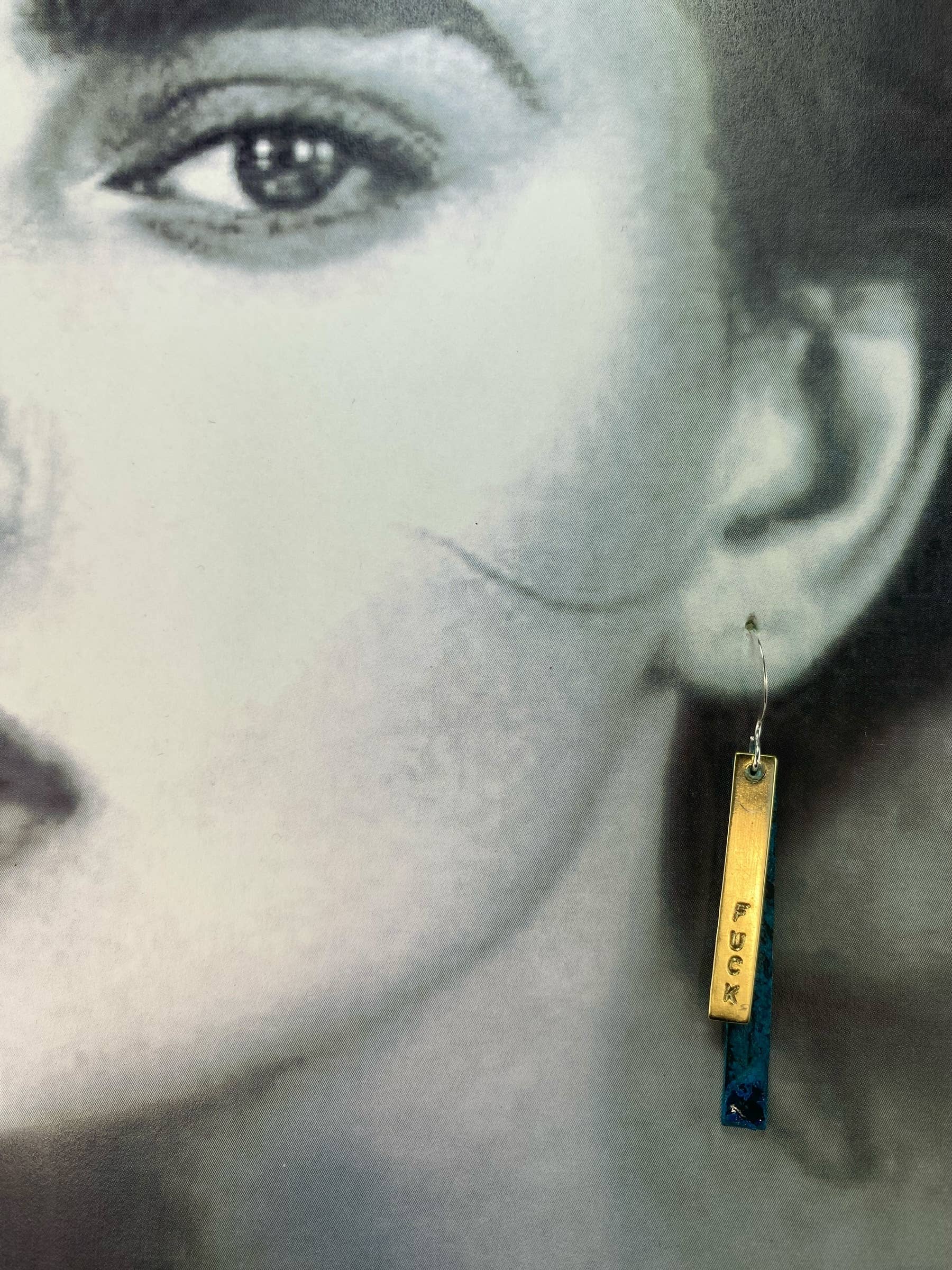 David Stepan - Wholesale Dangle Earrings - Fuck Earring 12 in Long Blue Patina with Brass Dangle4