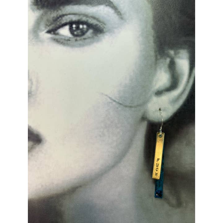 David Stepan - Wholesale Dangle Earrings - Fuck Earring 12 in Long Blue Patina with Brass Dangle4
