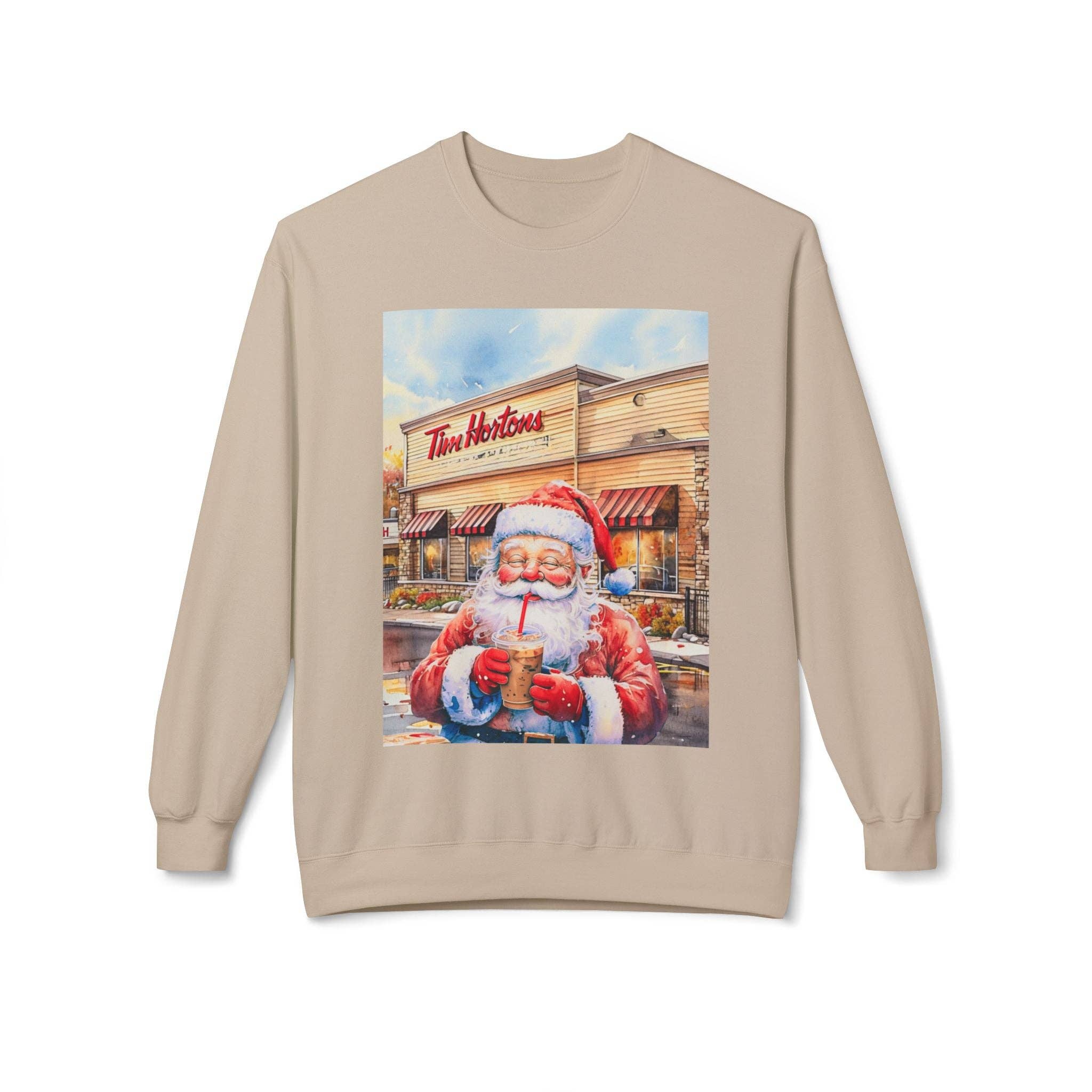 Buffalovely - Wholesale Graphic Sweatshirt - Women's - Santa with an Iced Coffee at Tim Horton's Cozy Unisex Christmas Crewneck Sweatshirt3