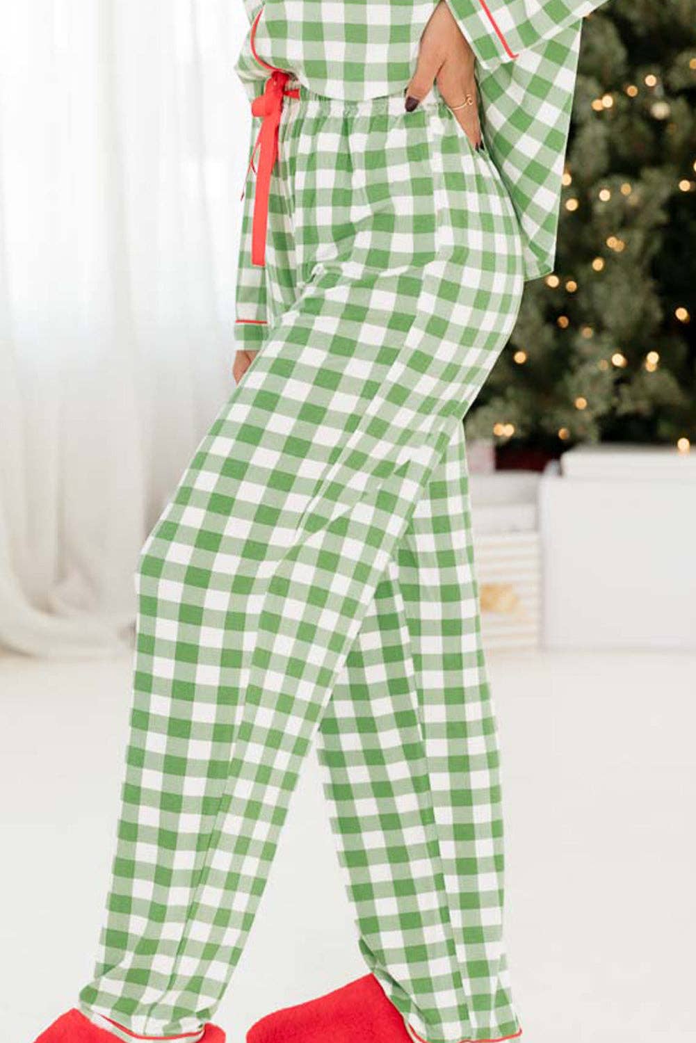 Light Green Christmas Plaid Print Shirt and Pants Pajama Set for wholesale on Faire6