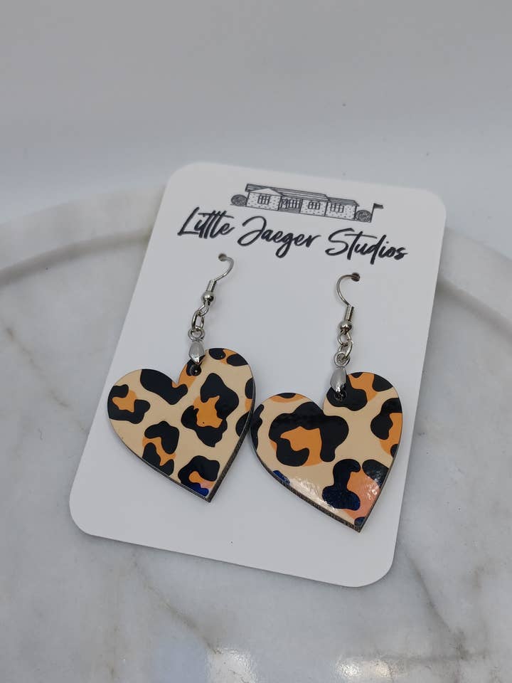 Heart Shaped Leopard Valentines Day Handmade Earrings for wholesale by Little Jaeger Studios