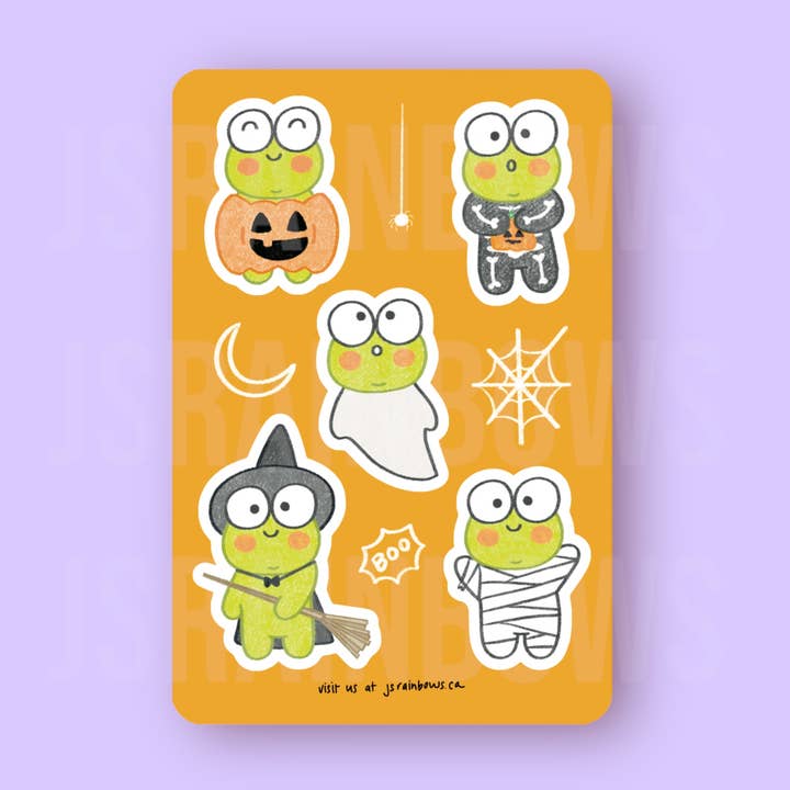 Halloween Froggies - Waterproof Vinyl Sticker Sheet for wholesale by J’s Rainbows